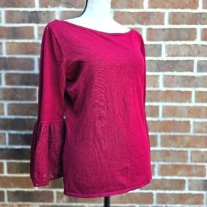 White House Black Market Burgundy Blouse with Lace Sleeves